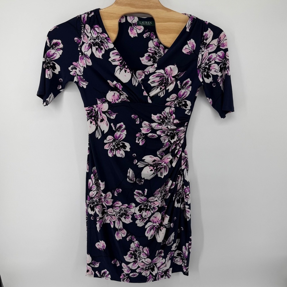 Lauren Ralph Lauren Dress Women 10 Navy Floral Sheath Ruched V-Neck Short Sleeve